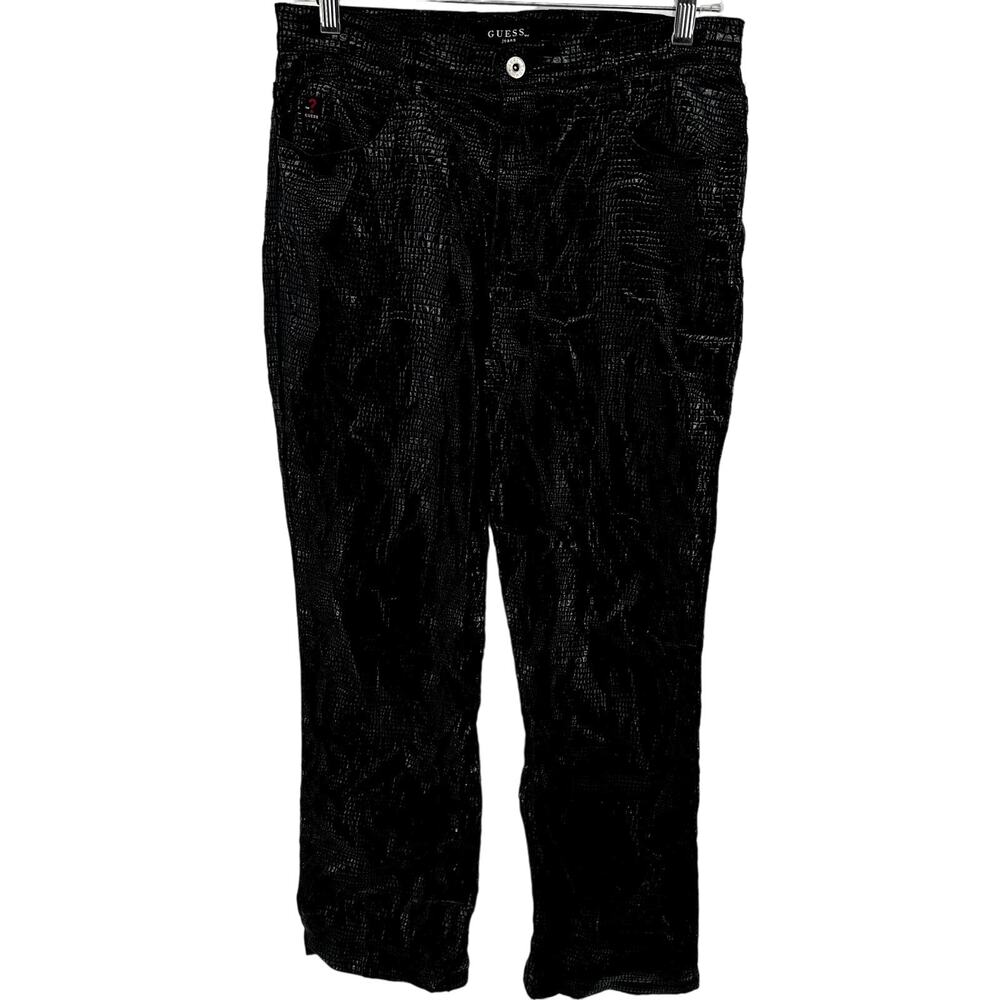 Vintage Guess Croc Embossed Pants 80s Straight Leg Cotton Zip Fly Black 33x30